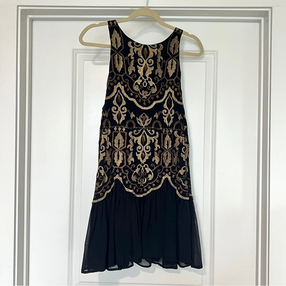 Free People Black Gold Embroidered Drop Waist Little Secrets Mini Dress Small - Picture 4 of 5